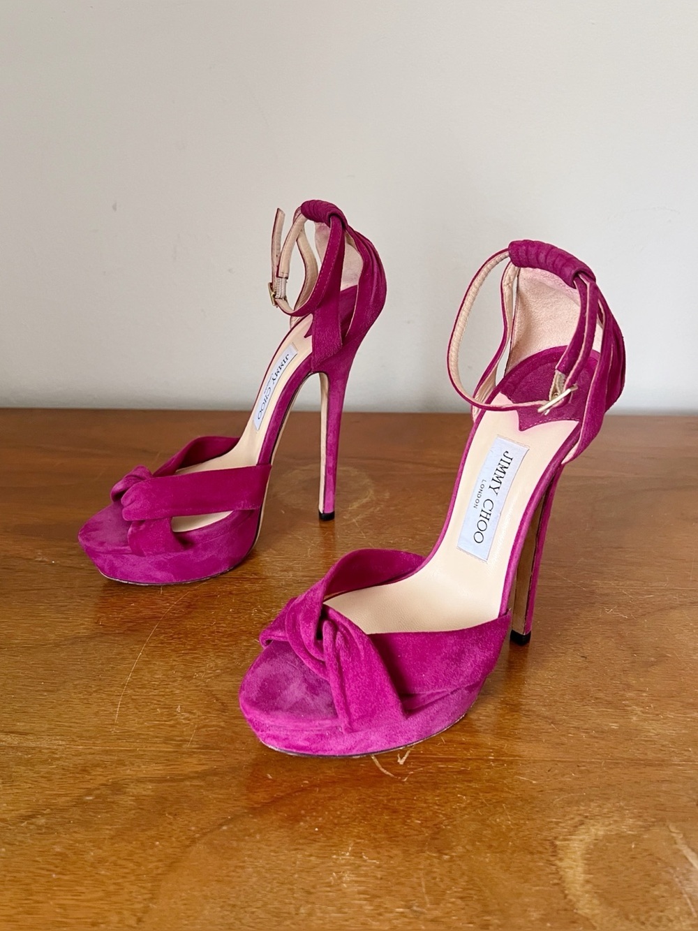 Jimmy Choo • Greta platform sandal magenta suede stiletto heel ankle strap